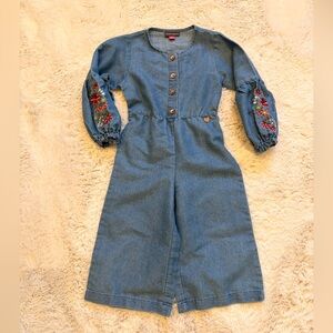 Vince Camuto Girls 3T Denim Jumpsuit with Floral Embroidery